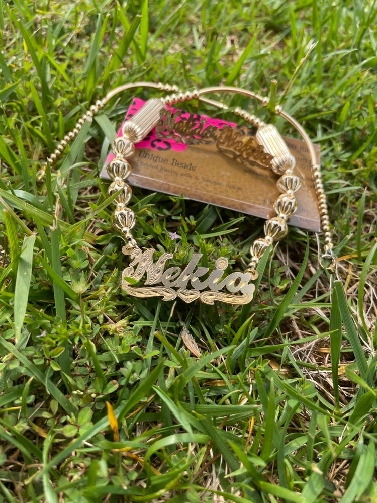 Gold Nameplate w/Beaded Chain