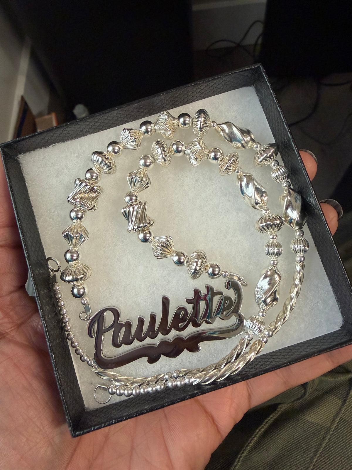 Sterling Stainless Steel Silver Nameplate w/Beaded Chain
