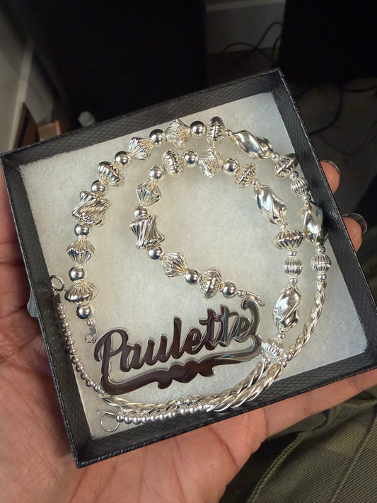 Sterling Stainless Steel Silver Nameplate w/Beaded Chain
